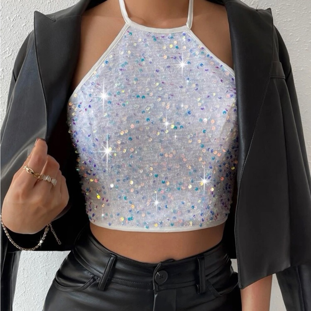 Sparkly sequin back tie cropped shirt